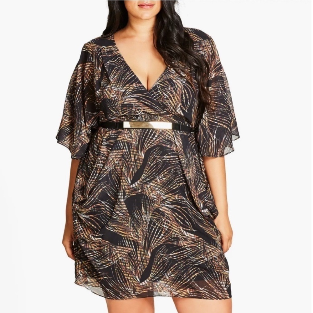 City Chic Midnight Palm Faux Wrap Midi Cocktail Party Formal Dress